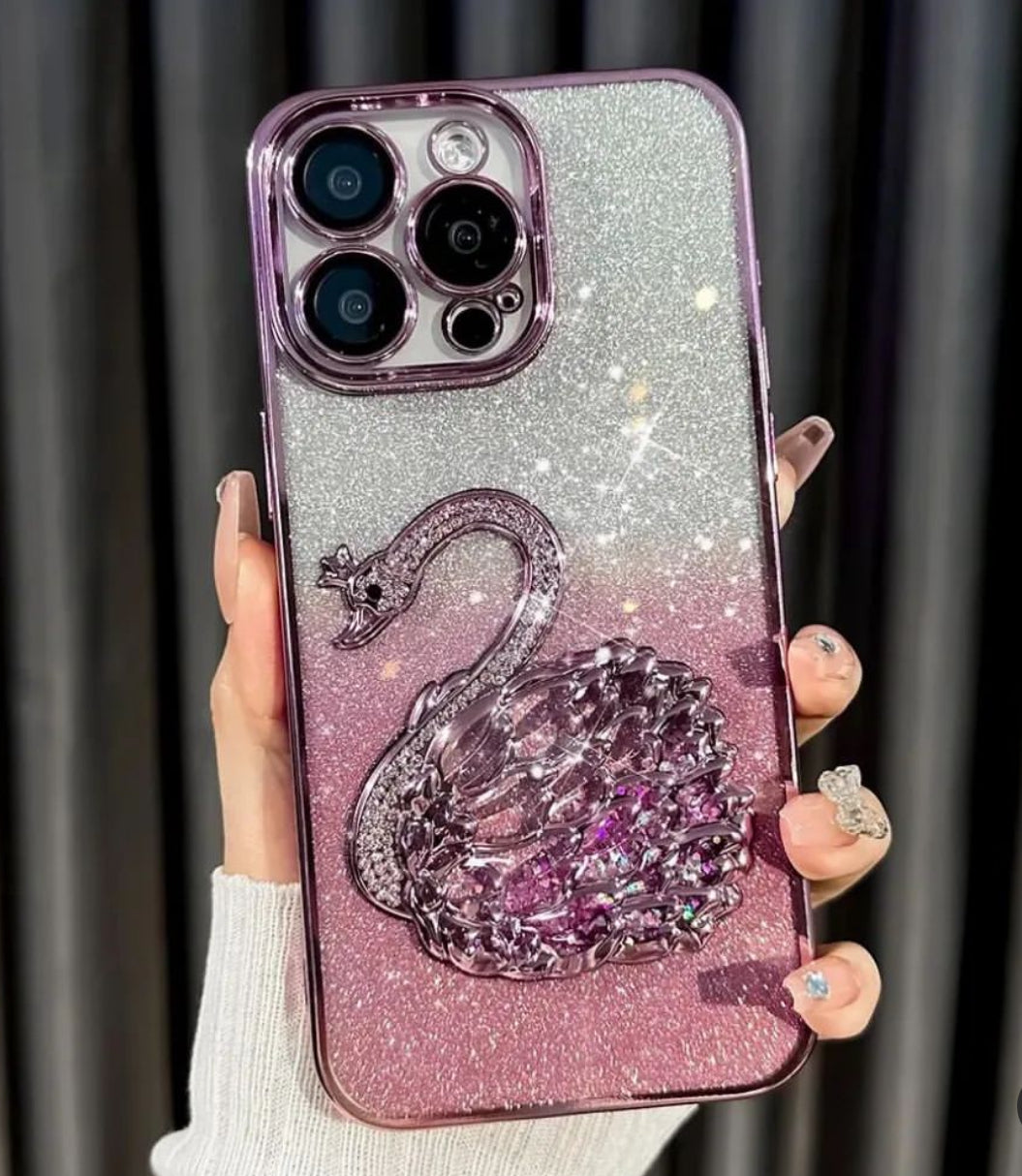 Swan Glittery Case W/ Lens Protection For IPhone